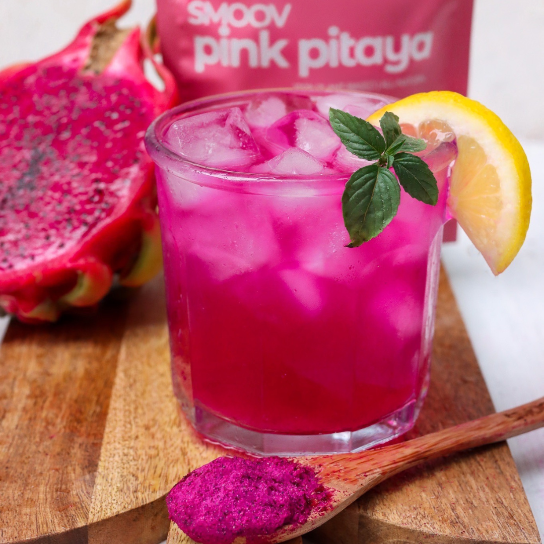 Dragonfruit Pitaya refresher made using smoov superfood blends and powders. Packed with antioxidants for health & wellness. Keto Friendly