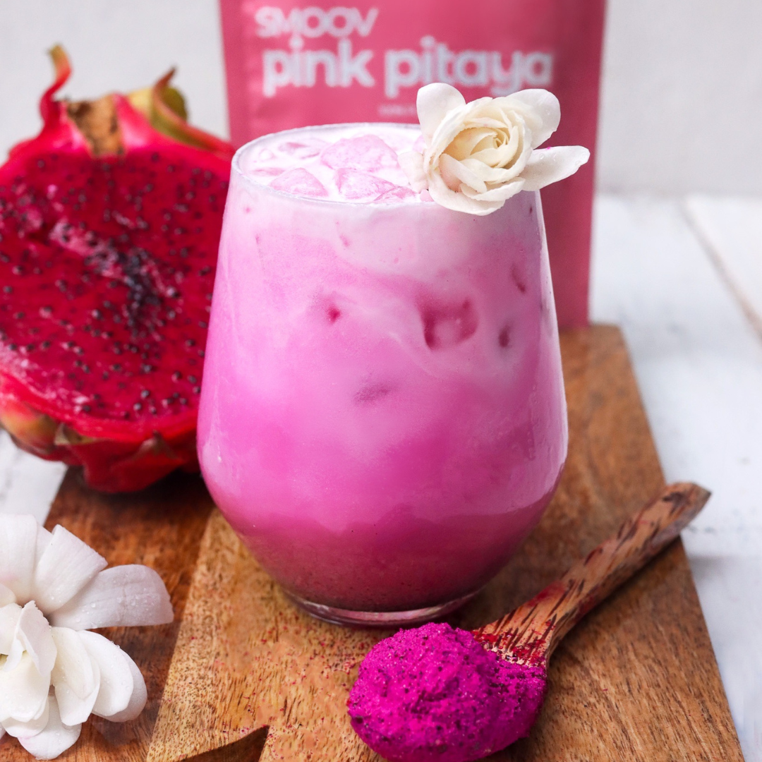 Pitaya latte made using smoov superfood blends and powders. Packed with antioxidants for health & wellness. Keto Friendly