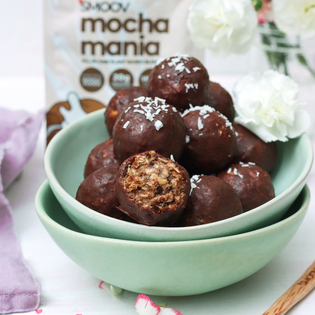 High protein mocha chocolate balls made using smoov all in one mocha mania plant based blend