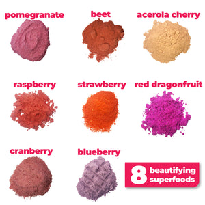 8 nutritious and bautifying ingredients used to make Smoov's blush blend- pomegranate, red dragonfruit (pink pitaya), acerola cherry, red beet, strawberry, raspberry, cranberry and blueberry. To improve skin, hair and heart health. nutrients and antioxidants to help with growth, development and repair of all body tissue.