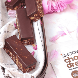 Healthy chocolate protein bars snack bites made using smoov all in one chocolate dream blend shake or meal replacement - vegan friendly.