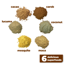 Load image into Gallery viewer, The 6 delicious and nutritious ingredients used to make Smoov&#39;s euphoric blend- cacao, carob, mesquite, maca, lucuma and coconut. To help satisfy cravings and boost mood instantly