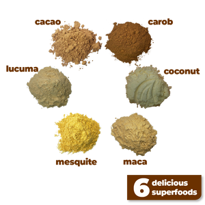 The 6 delicious and nutritious ingredients used to make Smoov's euphoric blend- cacao, carob, mesquite, maca, lucuma and coconut. To help satisfy cravings and boost mood instantly