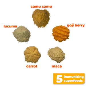 The 5 nutritious and immunizing superfoods used to make Smoov's golden blend- camu camu, goji berry, maca, lucuma and carrot. To help prevent or fight cold and flu by improving immune system function and overall health