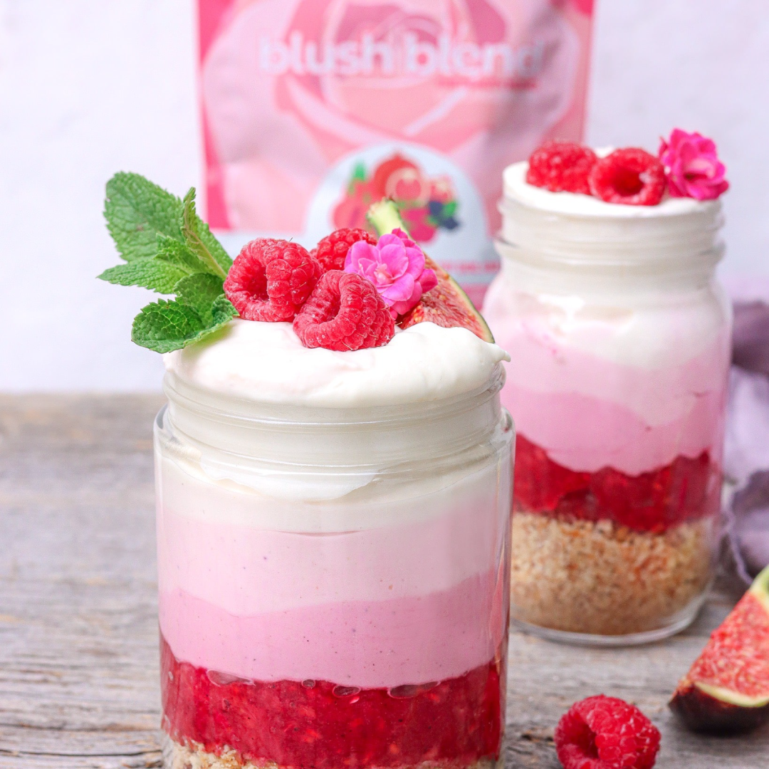 Plant based Vibrant raspberry cheesecake jars made using smoov blush blend.. Your daily antioxidants for beautiful skin, hair and heart health.