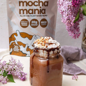 High protein mocha milkshake made using smoov all in one mocha mania plant based blend