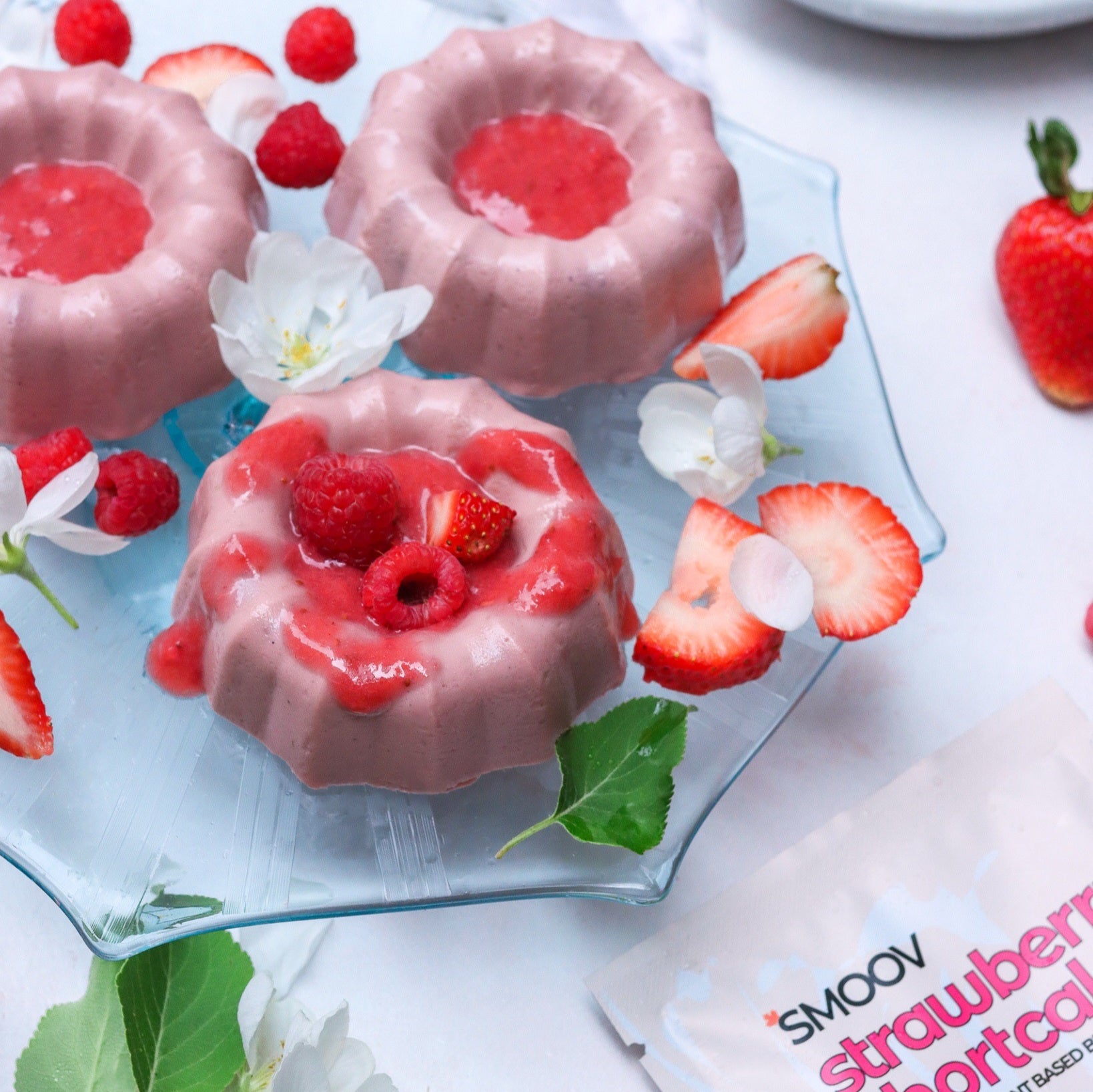 High protein strawberry panna cotta made using smoov all in one strawberry shortcake plant based blend