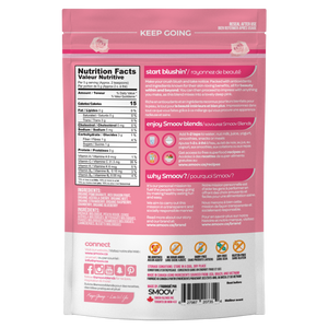 Back of Smoov Blends blush blend- Nutritional information, ingredients, creative description, how to use, why smoov, country of origins and UPC GTIN code