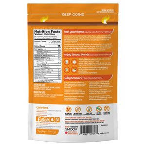 Back of fuel blend pouch by Smoov Blends. Contains nutritional information, ingredients, creative description, how to use, country of origin, storage and dietary details and manufacturing information.