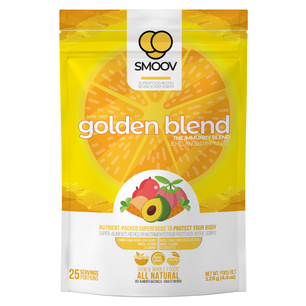 25 servings of Smoov's golden blend. Made with camu camu, goji berry, maca, lucuma and carrot. To help prevent or fight cold and flu by improving immune system function and overall health.