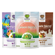 Load image into Gallery viewer, Make healthy FUN &amp; EASY for kids: our delicious green blend, vibrant antioxidant-rich berry exotic blend and rich chocolatey euphoric blend