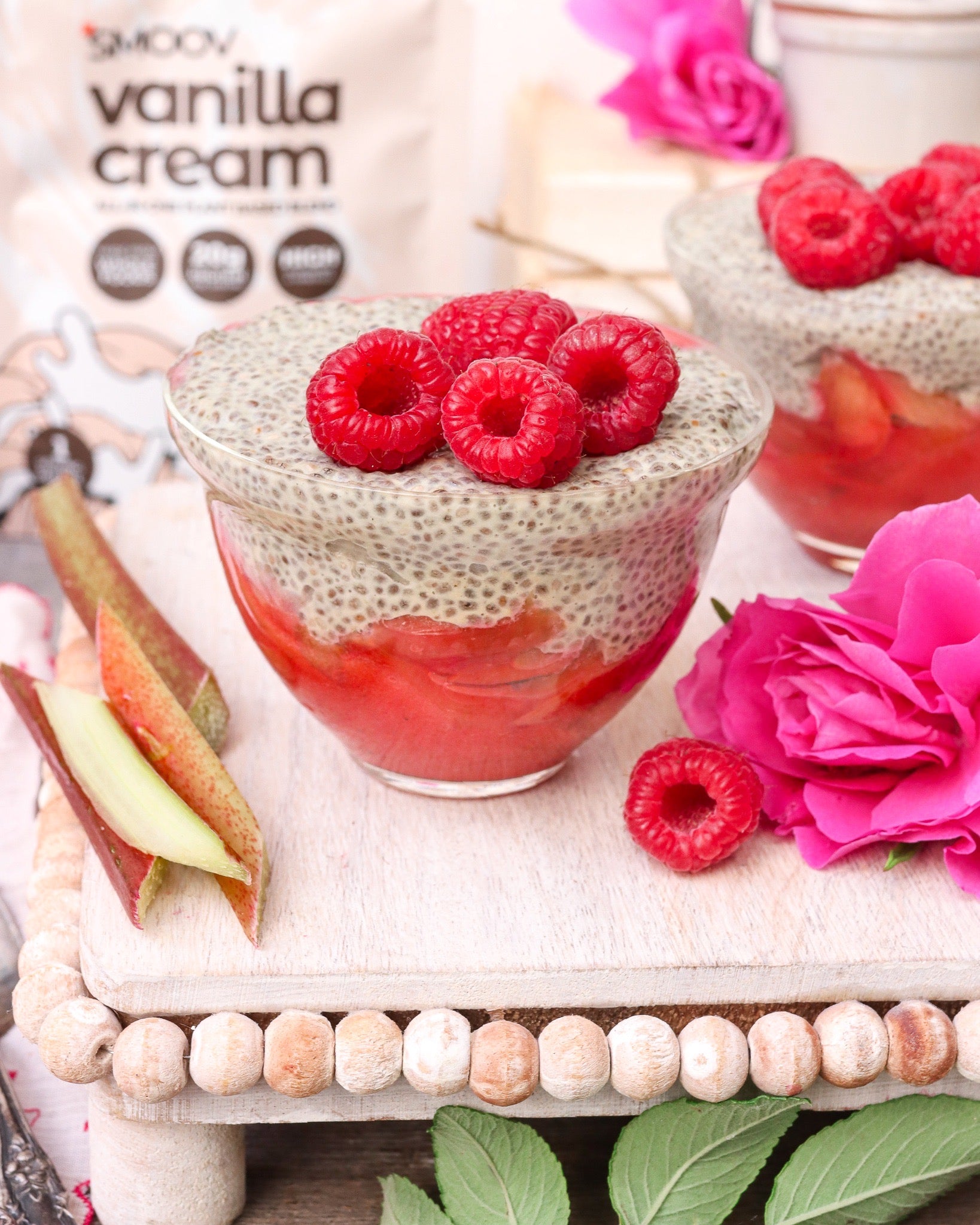Vanilla Rhubarb Pudding made using smoov all in one vanilla protein and superfood blend