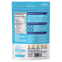 Load image into Gallery viewer, Back of wave blend pouch- Smoov Blends. Contains nutritional information, ingredients, creative description, how to use, why smoov, dietary and storage details, country of origins and UPC GTIN code of blend.