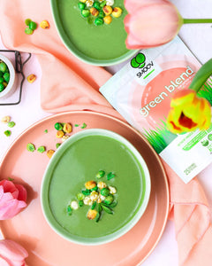 Spring green pea soup made using smoov superfood blends and powders. Packed with antioxidants for health & wellness. Keto Friendly