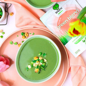 Spring green pea soup made using smoov superfood blends and powders. Packed with antioxidants for health & wellness. Keto Friendly