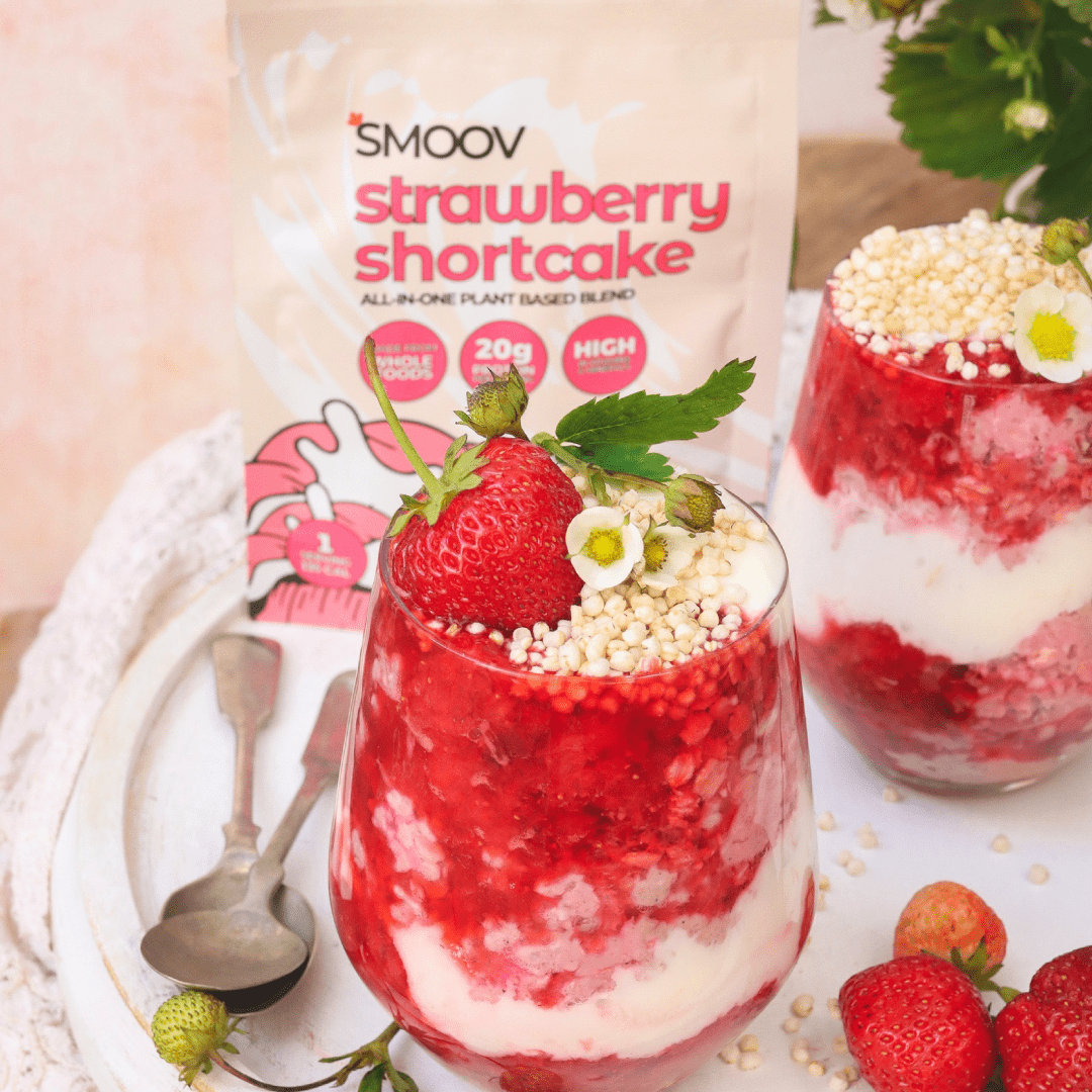 Healthy strawberry shortcake oats breakfast made using smoov all in one strawberry shortcake blend shake or meal replacement - vegan friendly.
