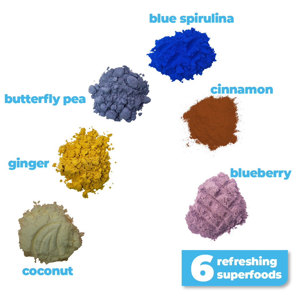 6 nutritious and refreshing superfoods used to make Smoov's wave blend- blue spirulina, butterfly pea flower, cinnamon, coconut, ginger and blueberries. To help refresh energy levels and aid with immunity and digestion.